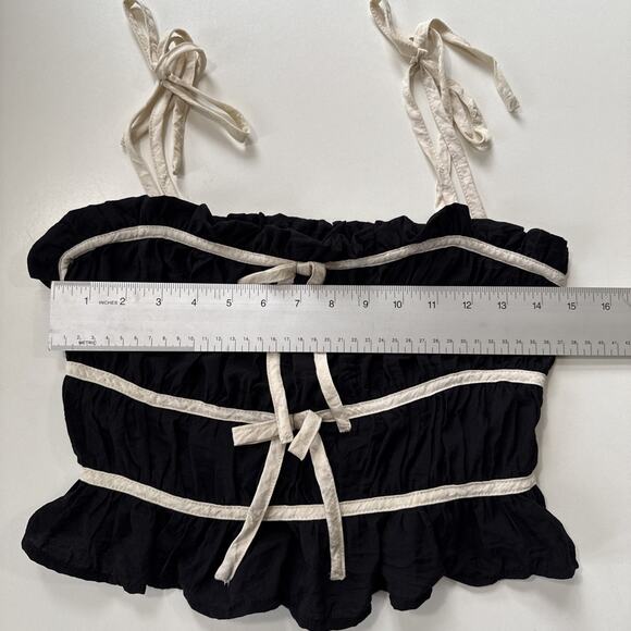 Thirty Thirty LA Crop Top Ruffle‎ Bow Ties Black Cream Coquette Y2K Women's M - Picture 11 of 12